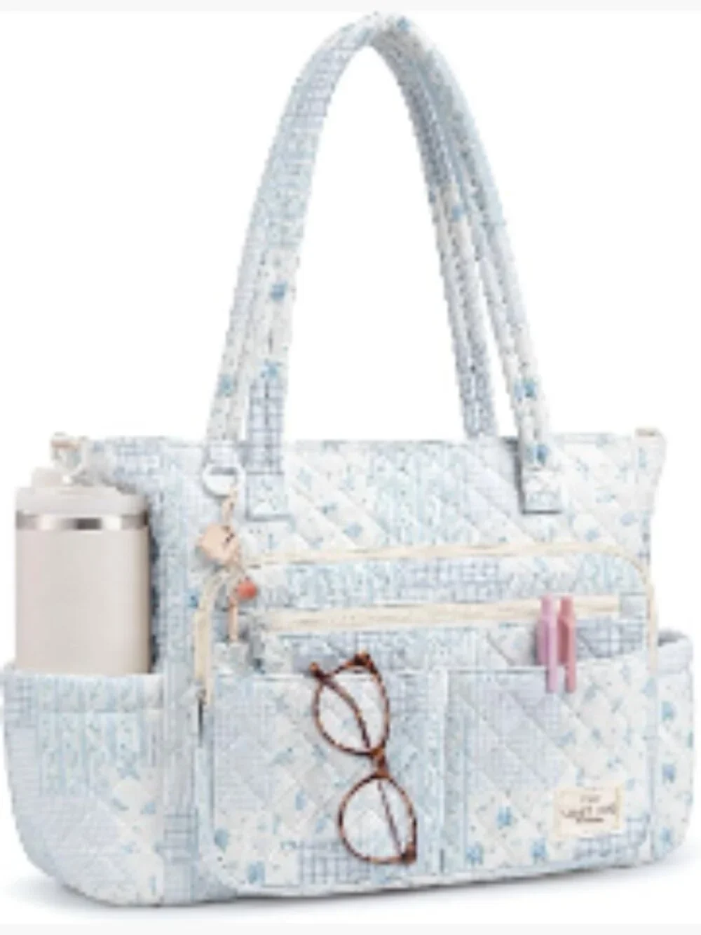 Quilted Floral Teacher Tote Bag for Women, Laptop Work Bag with 40oz Cup Holder